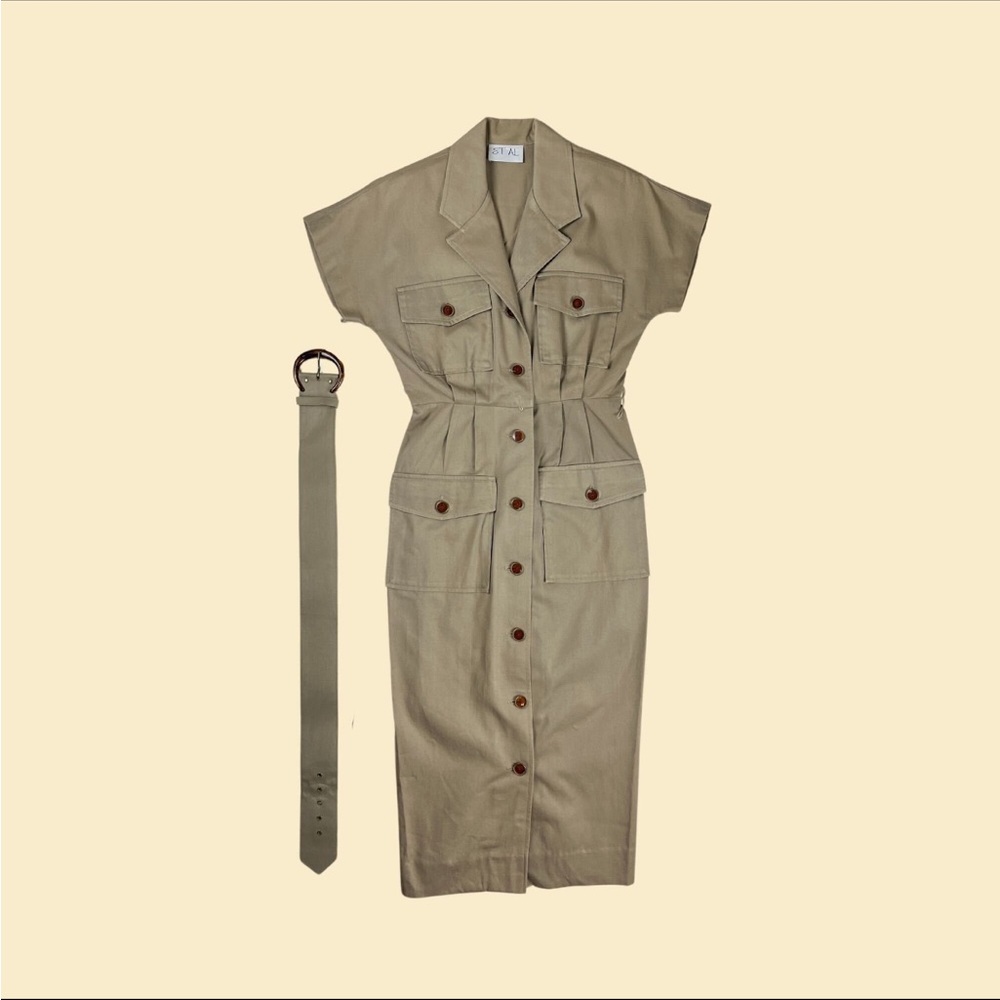 1970s Vintage khaki shirt dress Et Al tan button down belted short sleeve midi